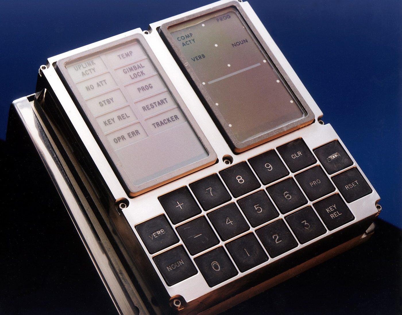 The Apollo display and keyboard unit, its verb-noun keypad and status lamps.