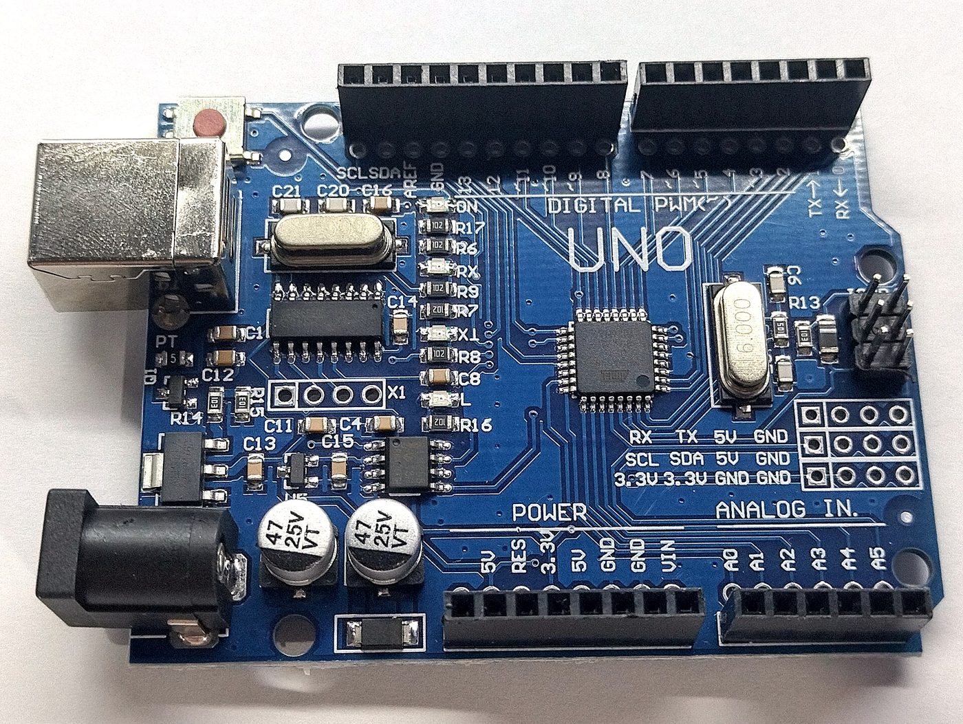 An Arduino Uno board, its headers, microcontroller and USB connector visible.