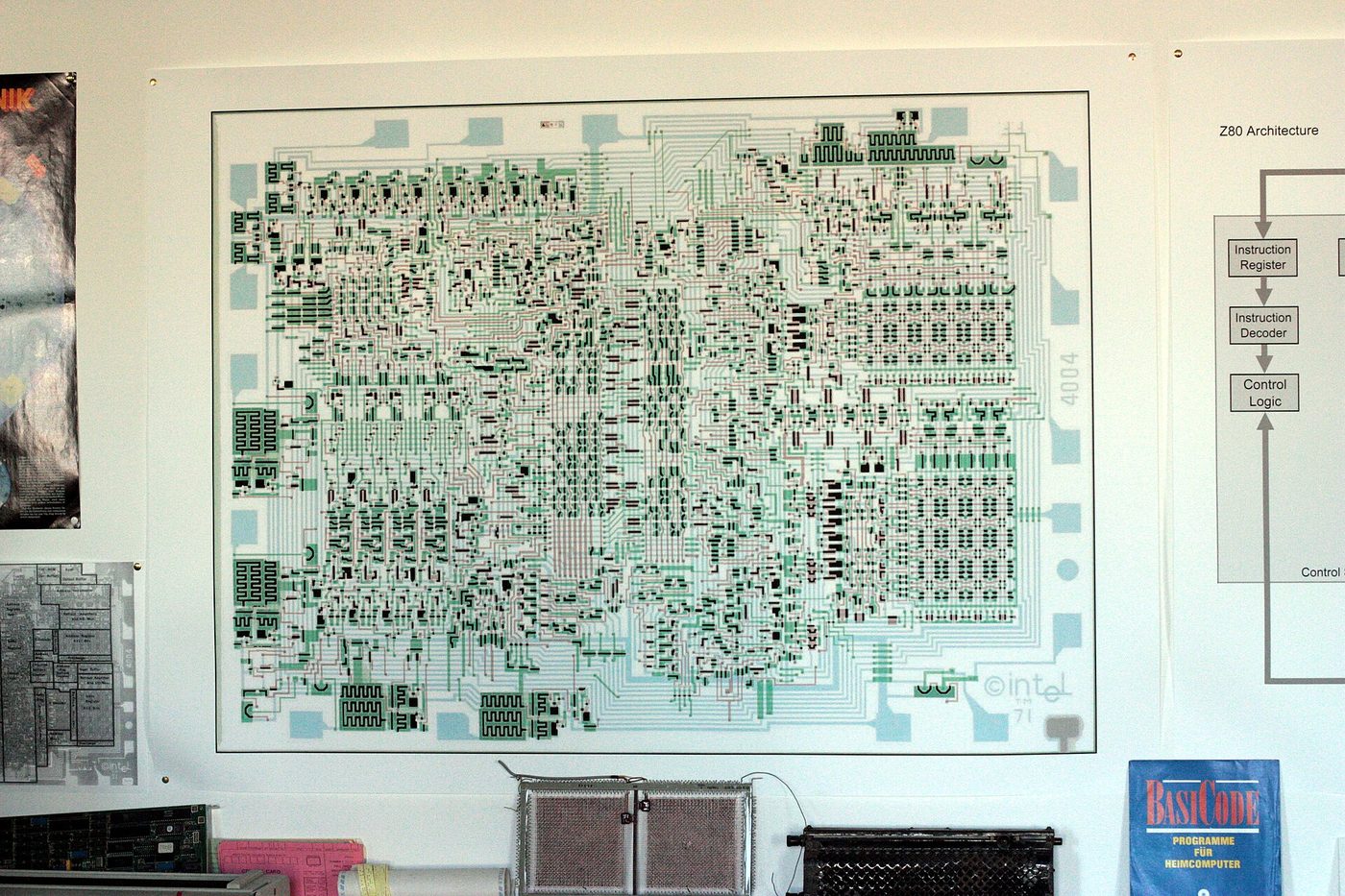 The Intel 4004 chip layout drawn out at large scale, showing every transistor and interconnect.